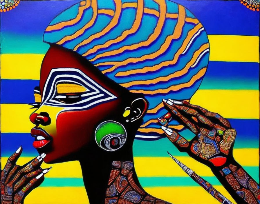 Vibrant painting of woman with face paint, headwrap, hand designs, and striped background