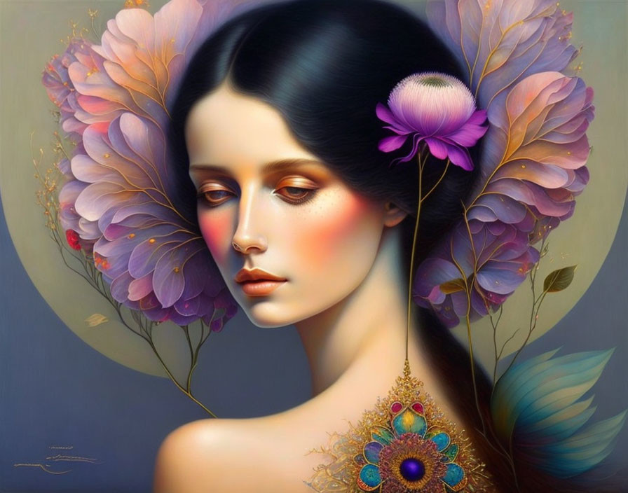 Surreal portrait of a woman with purple leaf-like wings and a delicate flower against a muted background