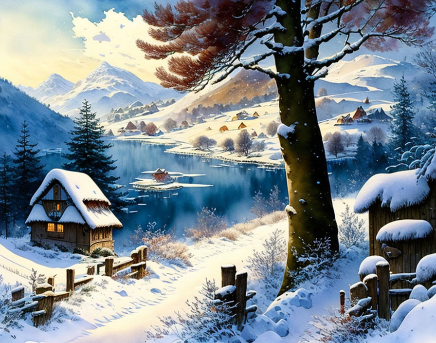 Snow-covered houses, frozen lake, bridge, and mountains in serene winter landscape