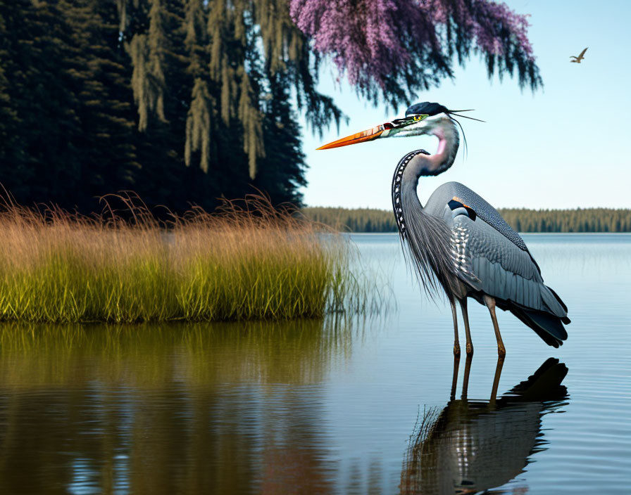 Digitally manipulated image of a great blue heron with pink crest