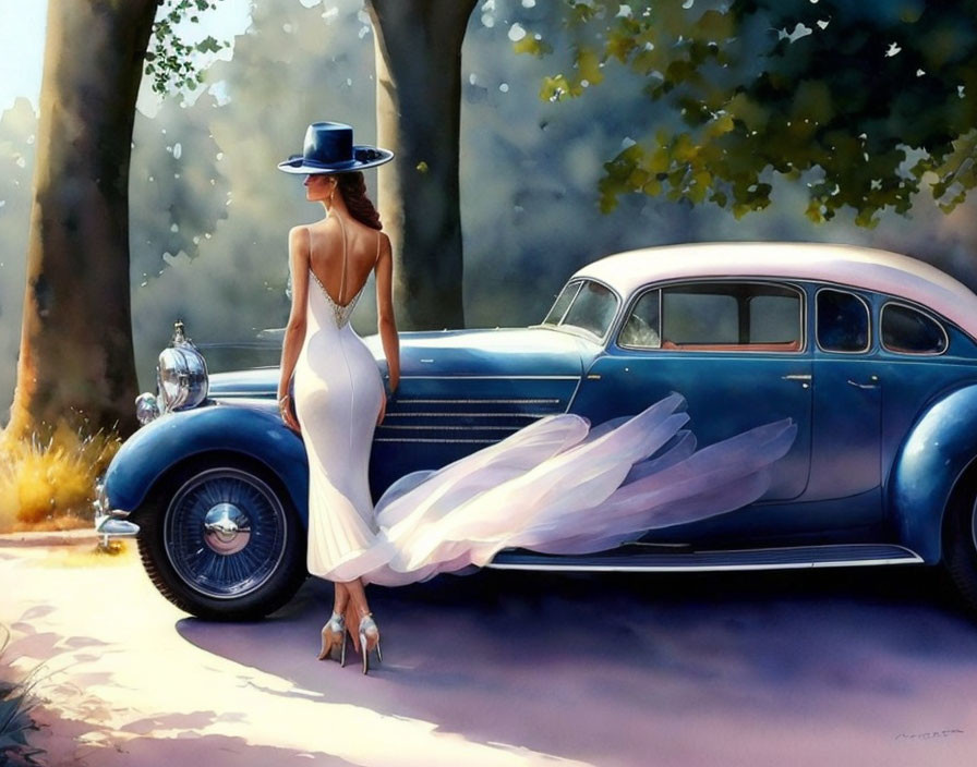 Woman in white dress and blue hat walking to classic blue car on tree-lined road