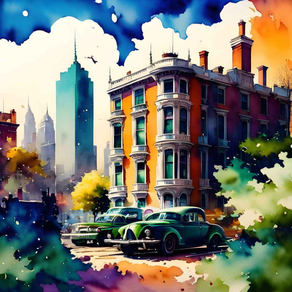 Colorful watercolor illustration of vintage car and historic building.