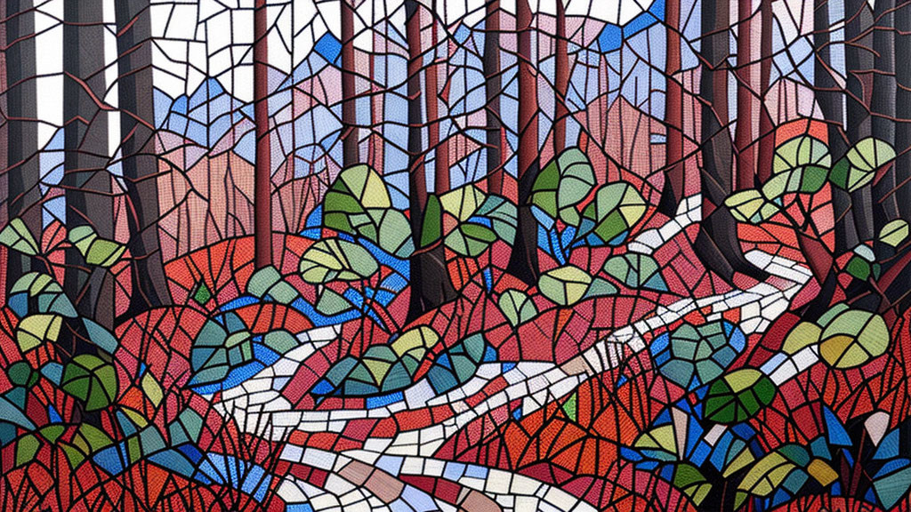 Colorful forest scene mosaic with angular trees and paths