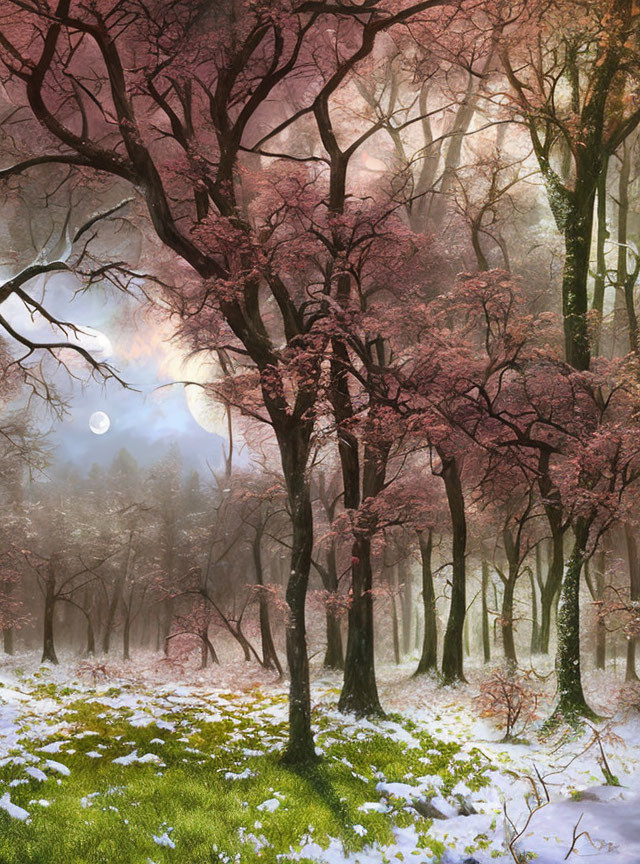 Snow-covered mystical forest with vibrant pink foliage and soft sun glow