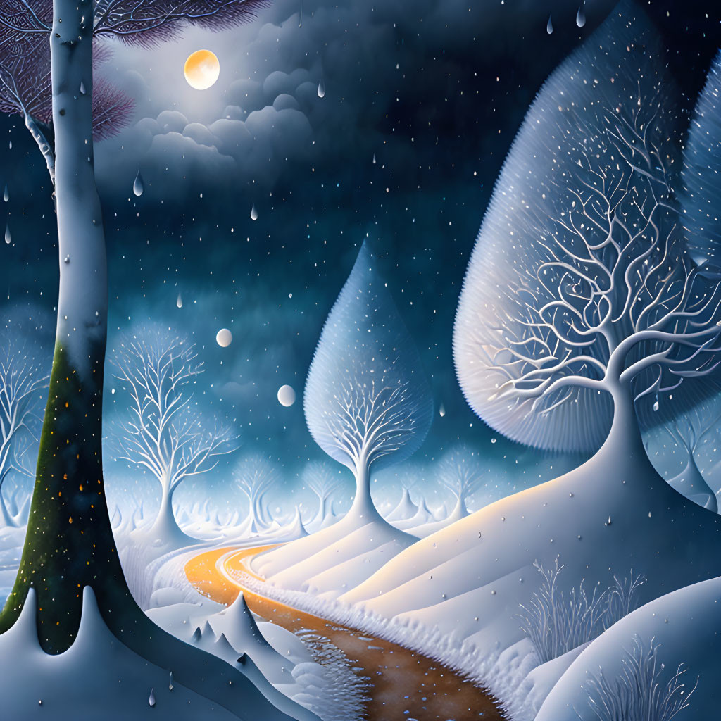 Moonlit Winter Night Landscape with Snowy Trees and Path