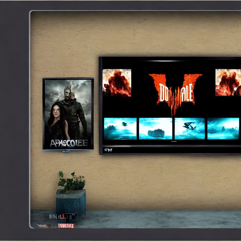 Wall-mounted TV with fiery movie title, dramatic scenes on screens, poster, and potted plant.