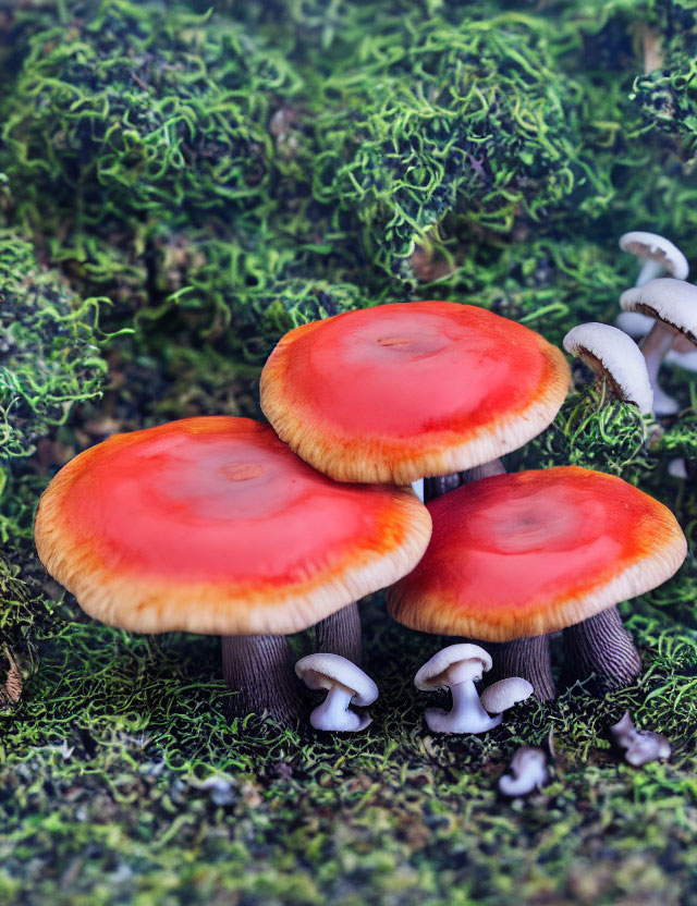 Vibrant red mushrooms with white edges and dark stems in mossy setting.