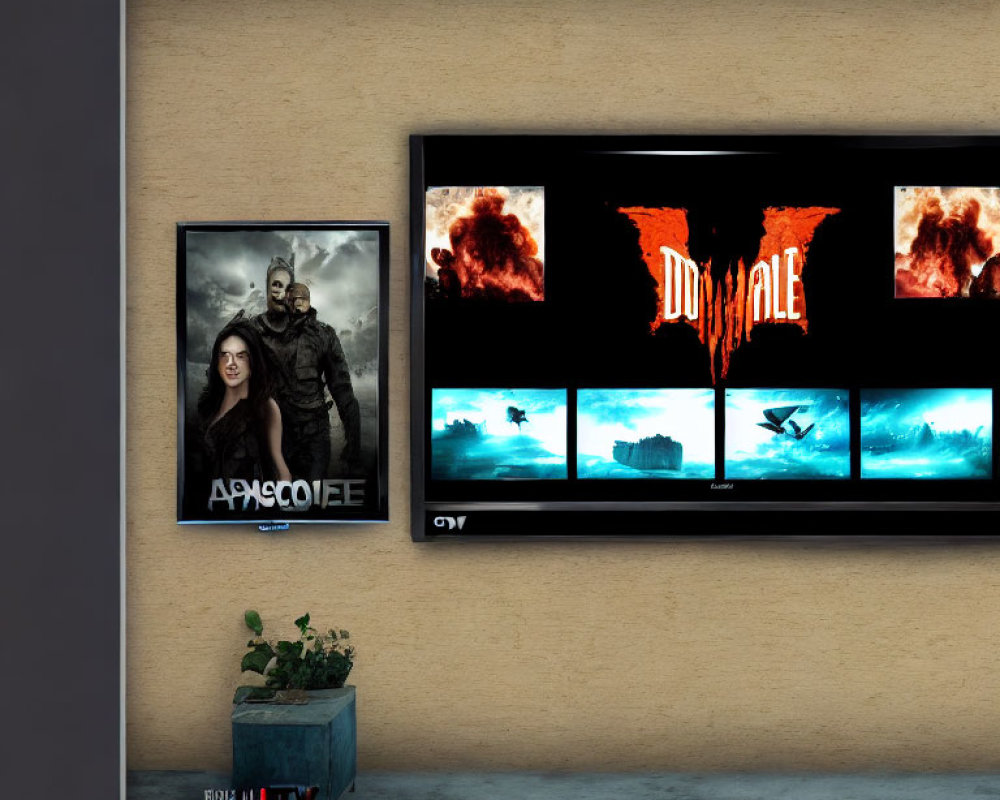 Wall-mounted TV with fiery movie title, dramatic scenes on screens, poster, and potted plant.