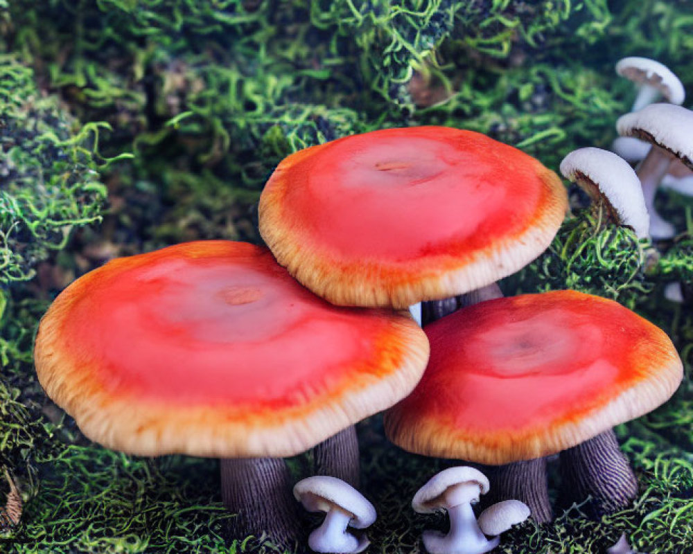 Vibrant red mushrooms with white edges and dark stems in mossy setting.