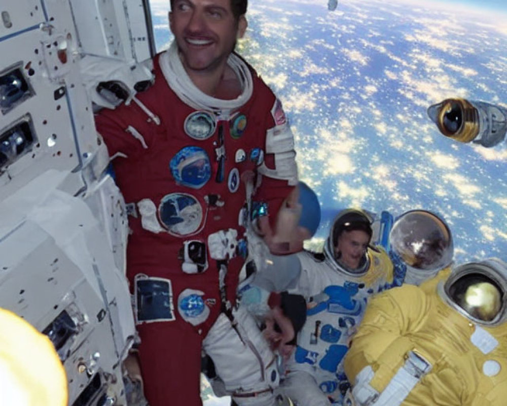 Collage of astronauts in spacesuits inside spacecraft with Earth view and floating astronaut