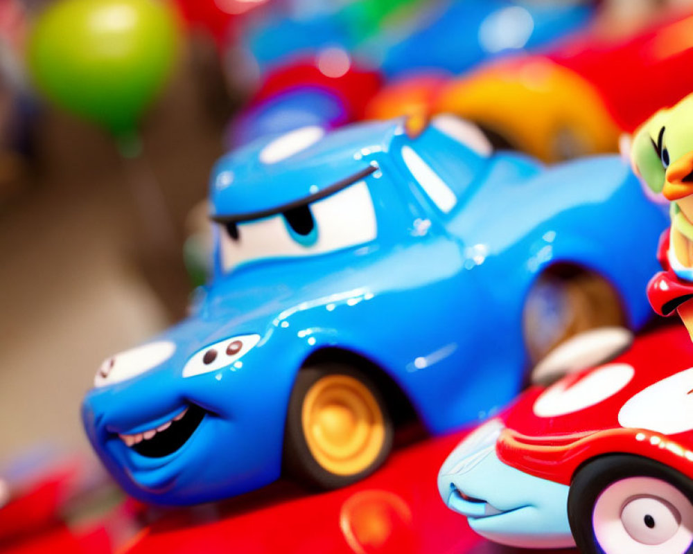 Vibrant cartoon toy cars with smiling faces on blue car