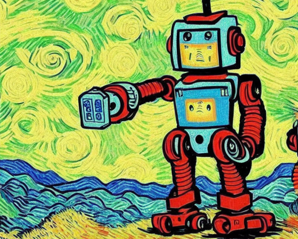 Vibrant cartoon robots in Van Gogh-inspired swirls