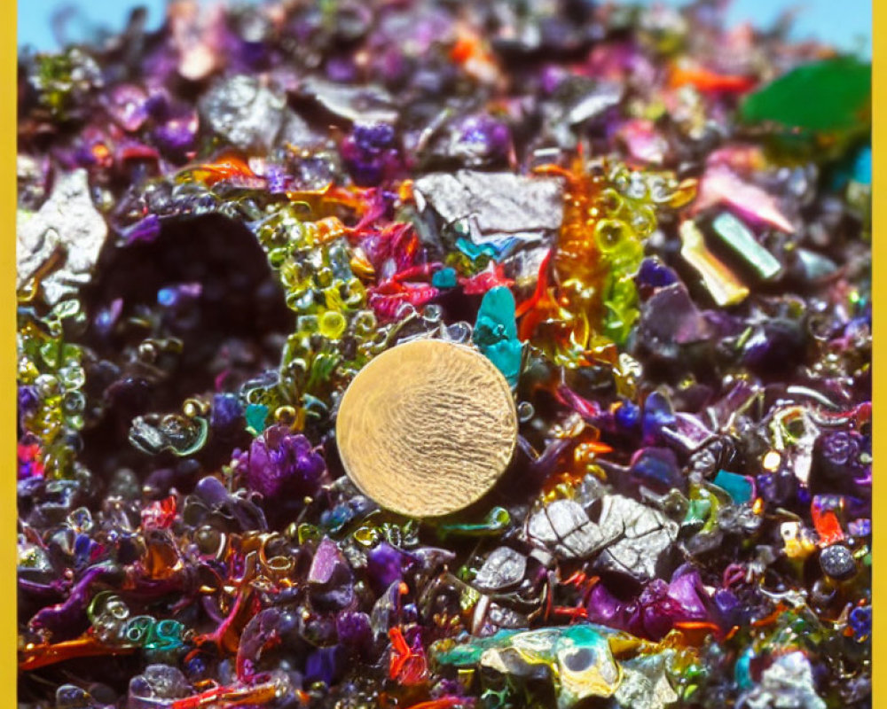 Colorful Trinkets Surrounding Coin in Bright Lighting