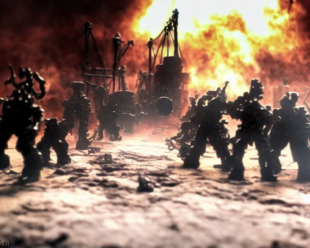 Miniature futuristic soldier figures in intense battle with fiery explosions