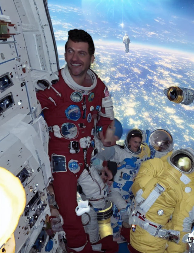 Collage of astronauts in spacesuits inside spacecraft with Earth view and floating astronaut