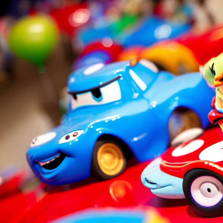 Vibrant cartoon toy cars with smiling faces on blue car