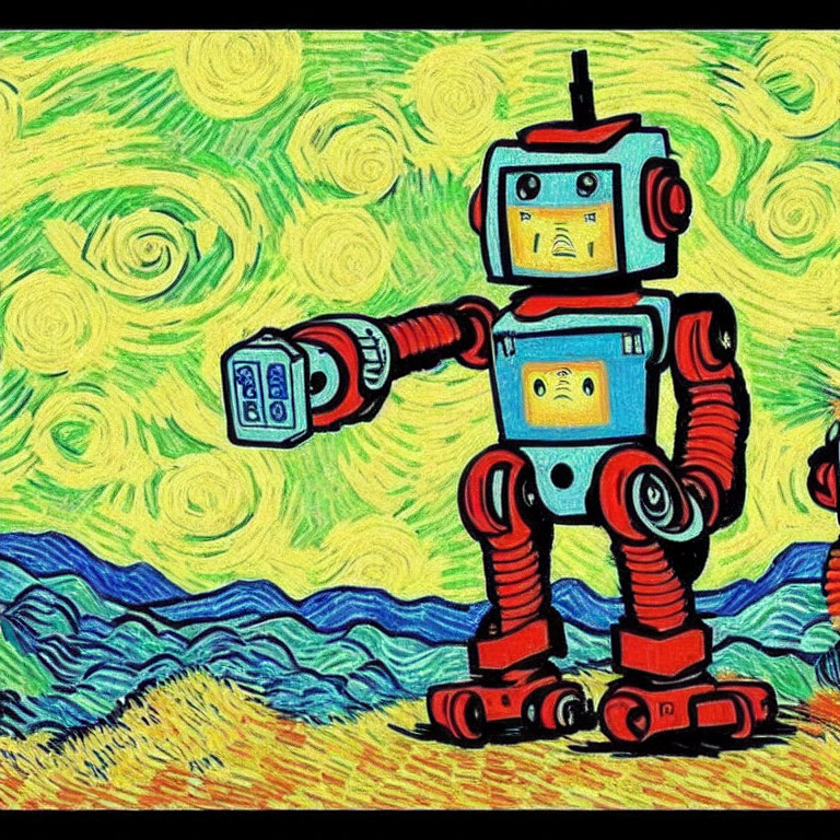 Vibrant cartoon robots in Van Gogh-inspired swirls