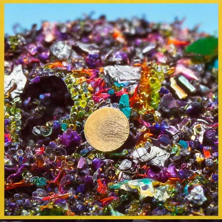 Colorful Trinkets Surrounding Coin in Bright Lighting