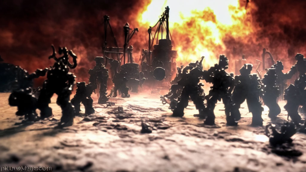 Miniature futuristic soldier figures in intense battle with fiery explosions