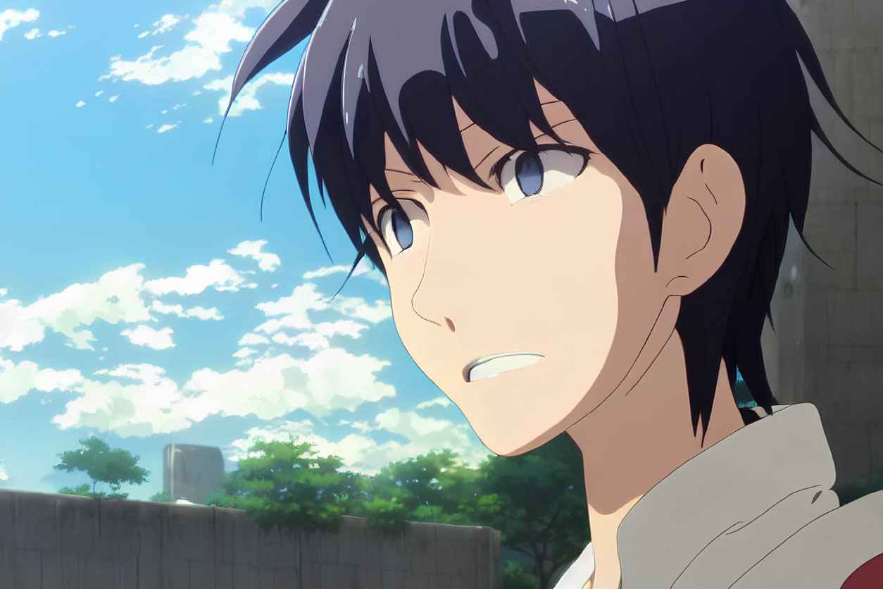 Close-Up of Animated Male Character with Black Hair Looking Hopeful Under Blue Sky