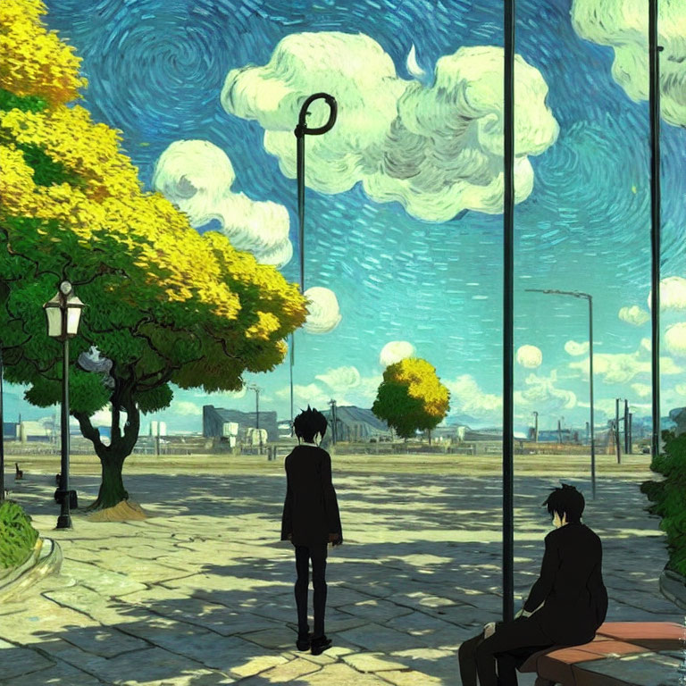 Stylized urban park scene with two characters on a bench