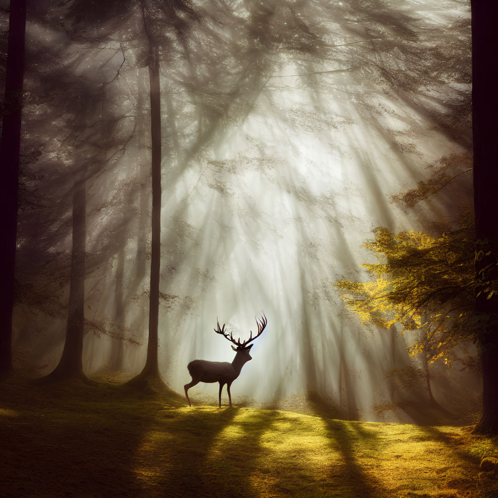 Solitary deer in misty forest with sunbeams filtering through canopy