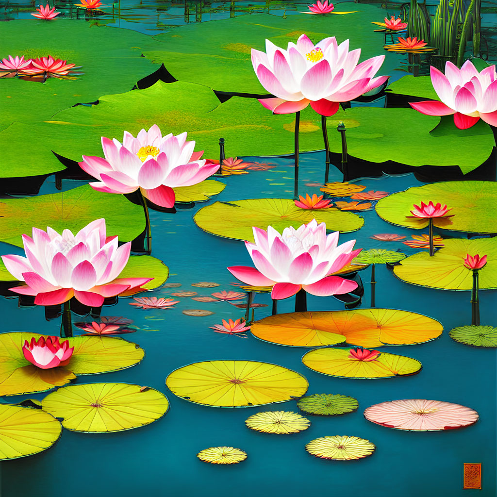 Colorful painting of pink lotus flowers and green lily pads on blue water