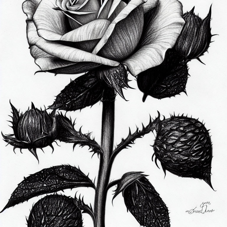 Detailed Black and White Pencil Sketch of Single Rose with Intricate Petals and Leaves