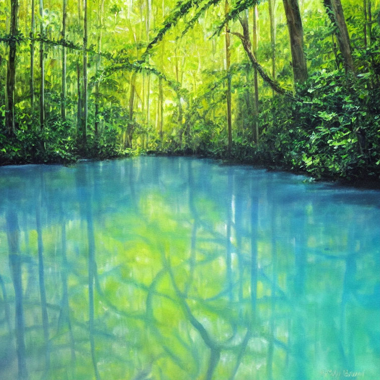 Tranquil forest painting with lush greenery and blue pond