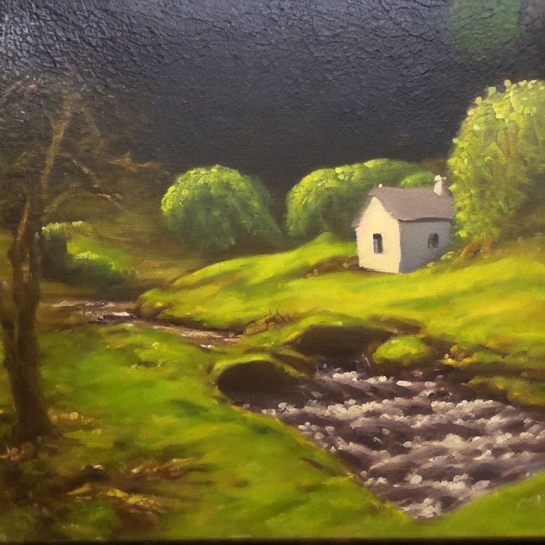 Tranquil landscape painting of white cottage by stream surrounded by lush greenery