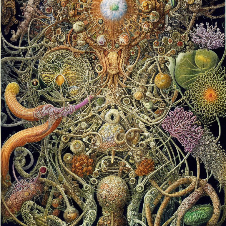 Detailed surreal illustration of interconnected organic and abstract structures