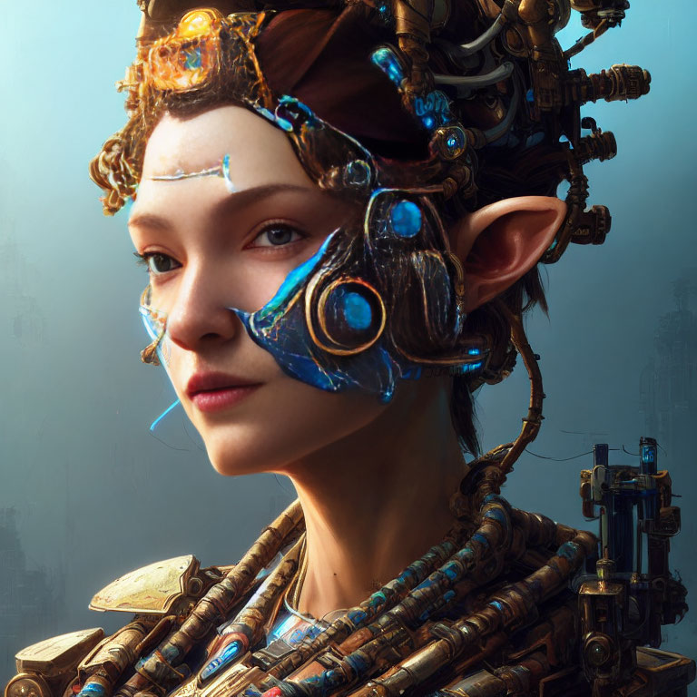 Female elf with cybernetic enhancements and futuristic headset on blue backdrop