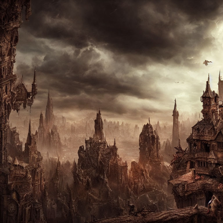 Dark Fantasy Landscape: Gothic Spires, Stormy Sky, Dragons