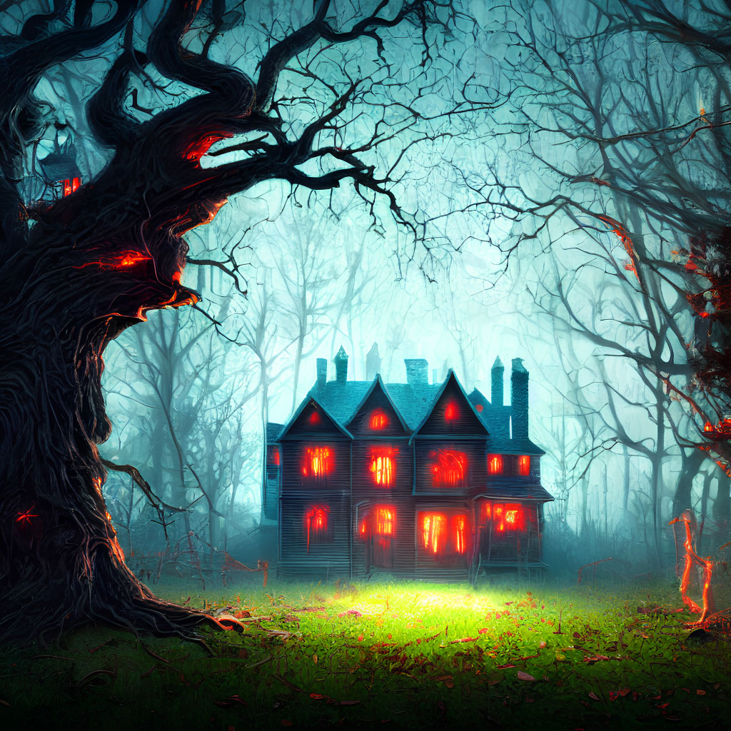 Victorian house in dark forest with red windows and twisted trees