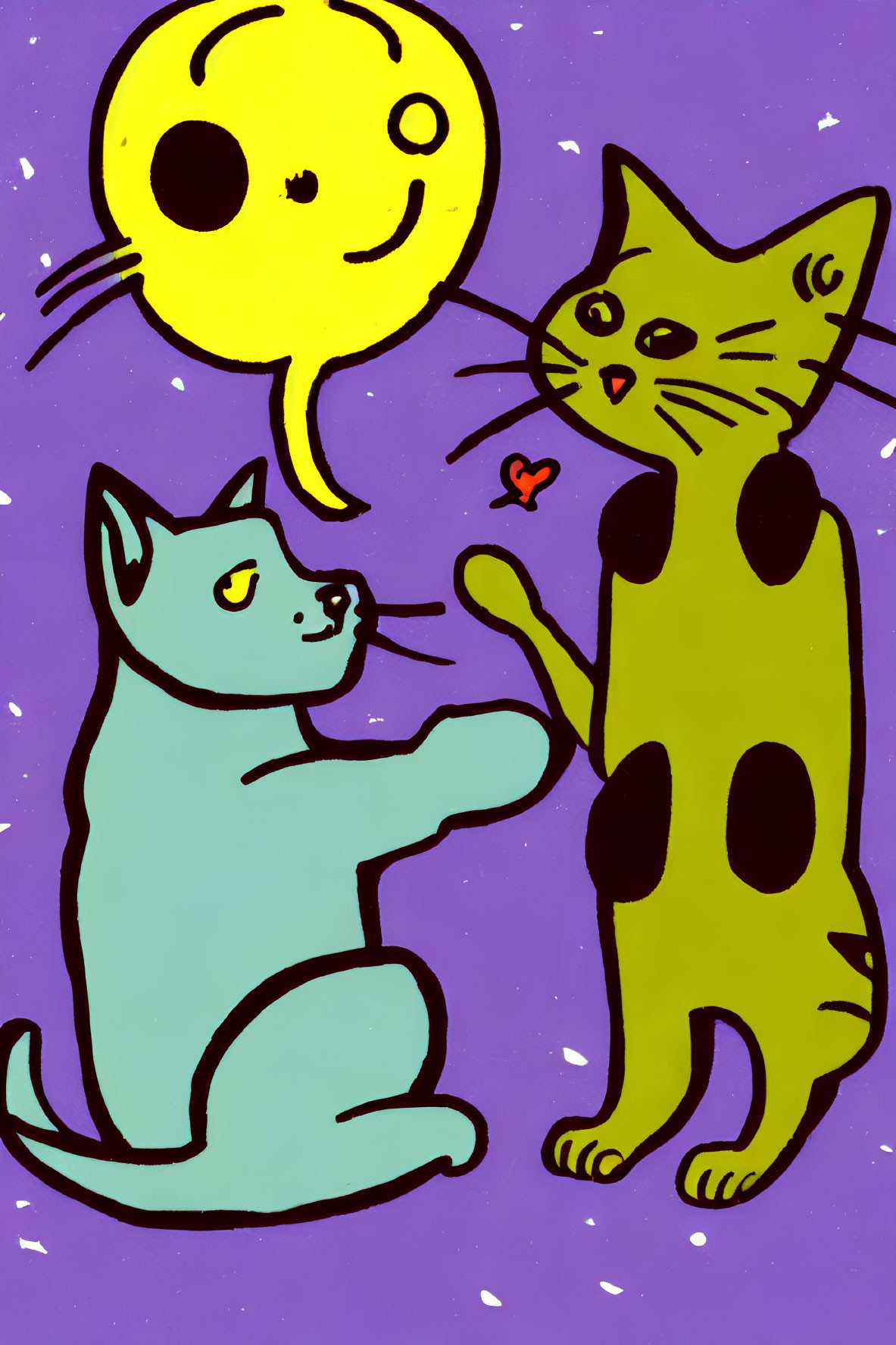 Whimsical blue cat meets spotted yellow cat under smiling moon