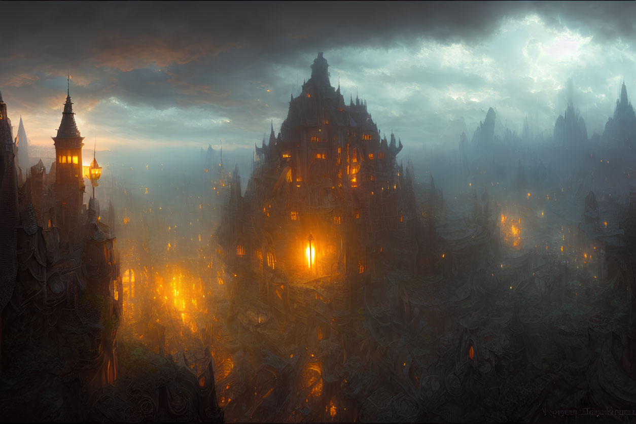 Mystical city at twilight with luminous lights and towering spires