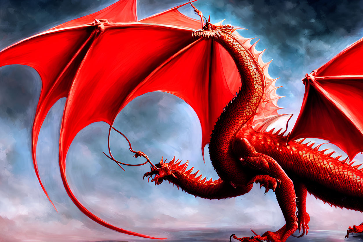 Majestic red dragon with expansive wings and sharp spikes under tumultuous sky