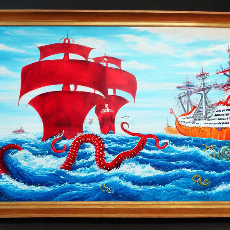 Maritime painting: Red-sailed ship in stormy waves with giant octopus tentacles