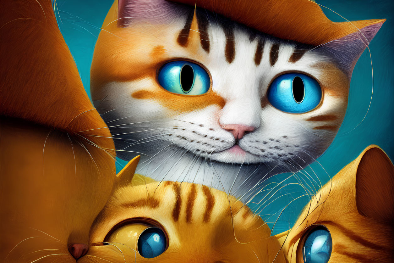 Whimsical close-up digital art of three cats with expressive blue eyes