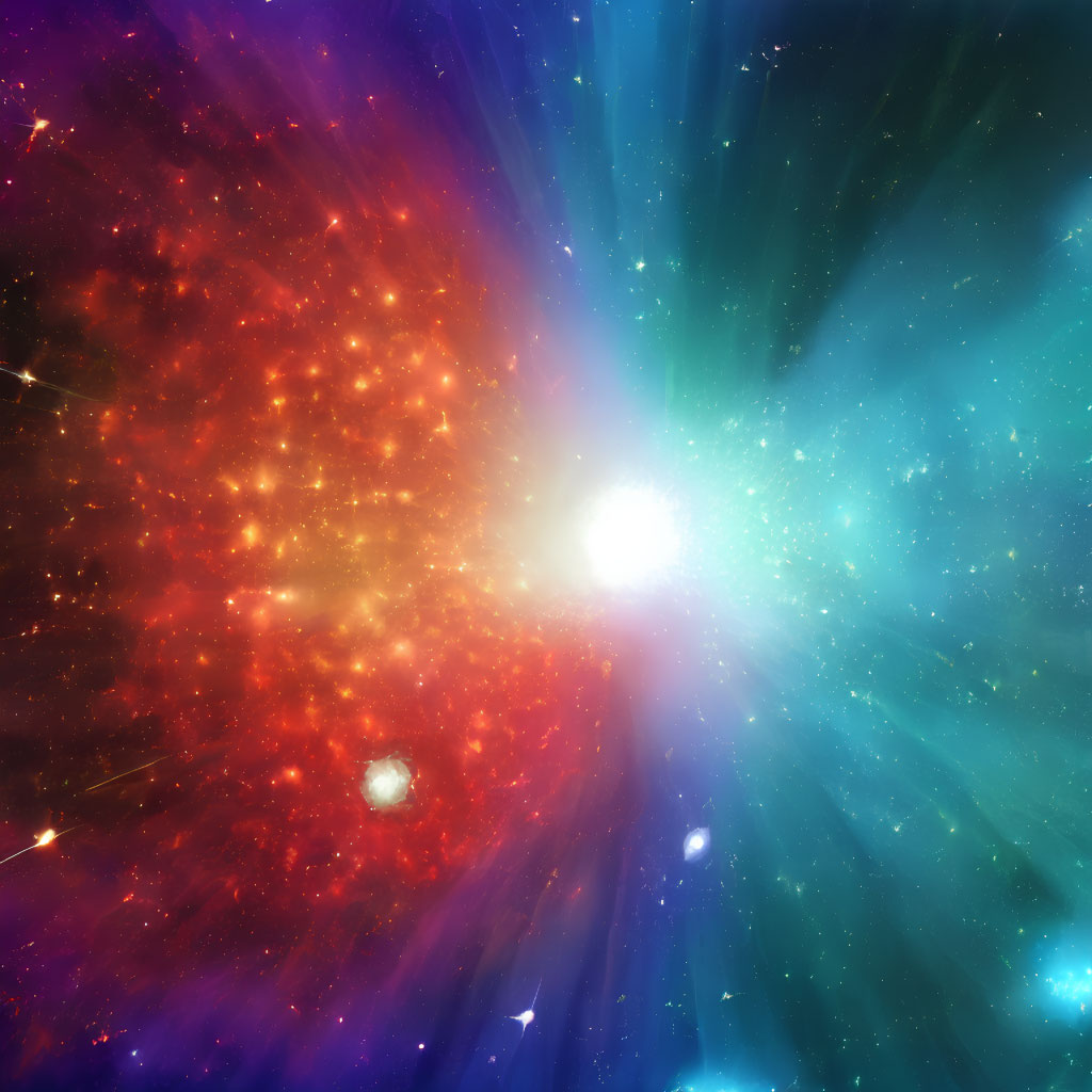 Bright white star emitting red and blue rays in cosmic scene