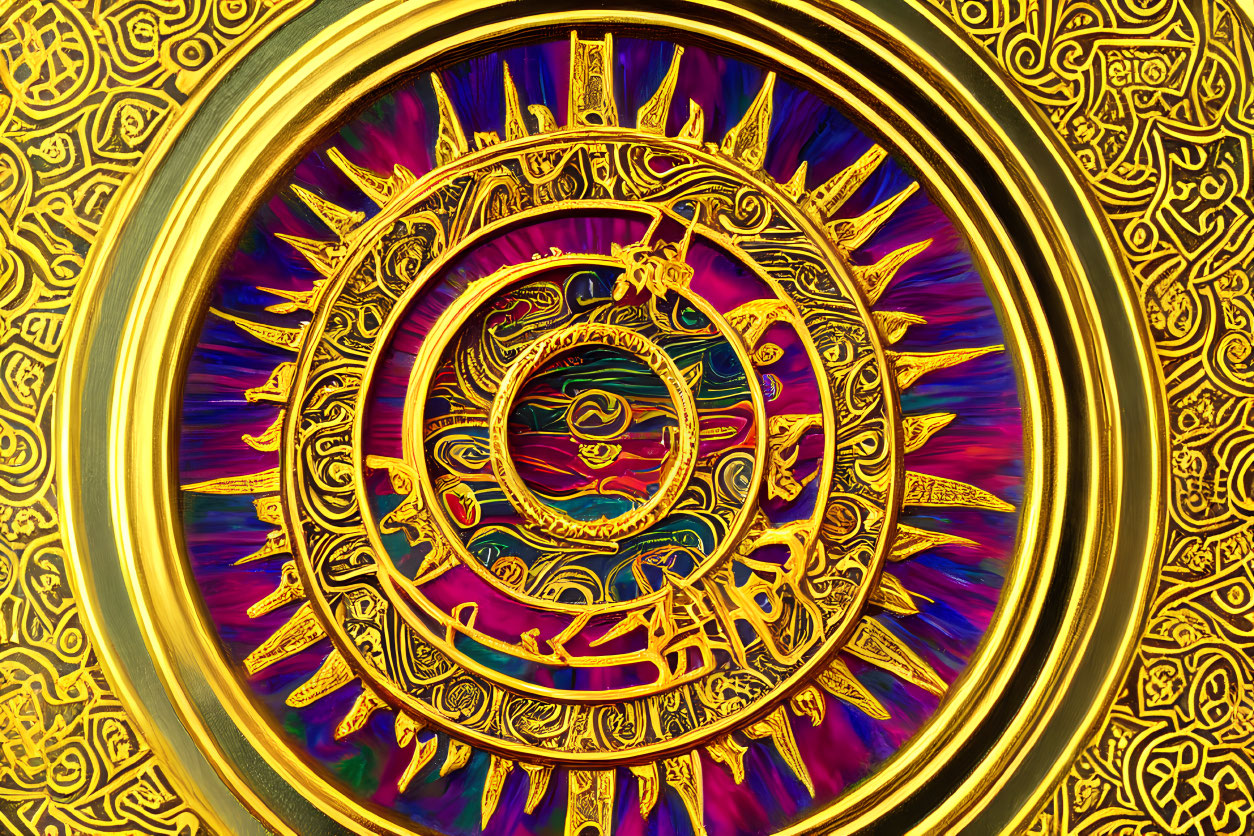 Colorful circular artwork with intricate golden patterns and dynamic abstract elements