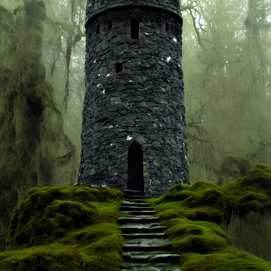 Moss-covered stone tower in misty forest with arched doorway