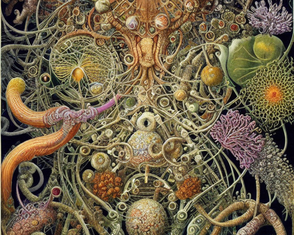 Detailed surreal illustration of interconnected organic and abstract structures