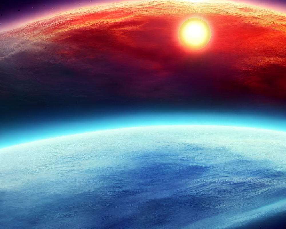 Vibrant space scene with rising sun over red planet and blue planet.