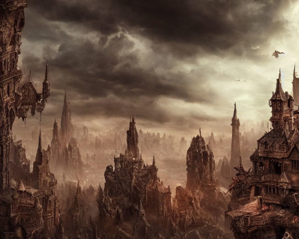 Dark Fantasy Landscape: Gothic Spires, Stormy Sky, Dragons