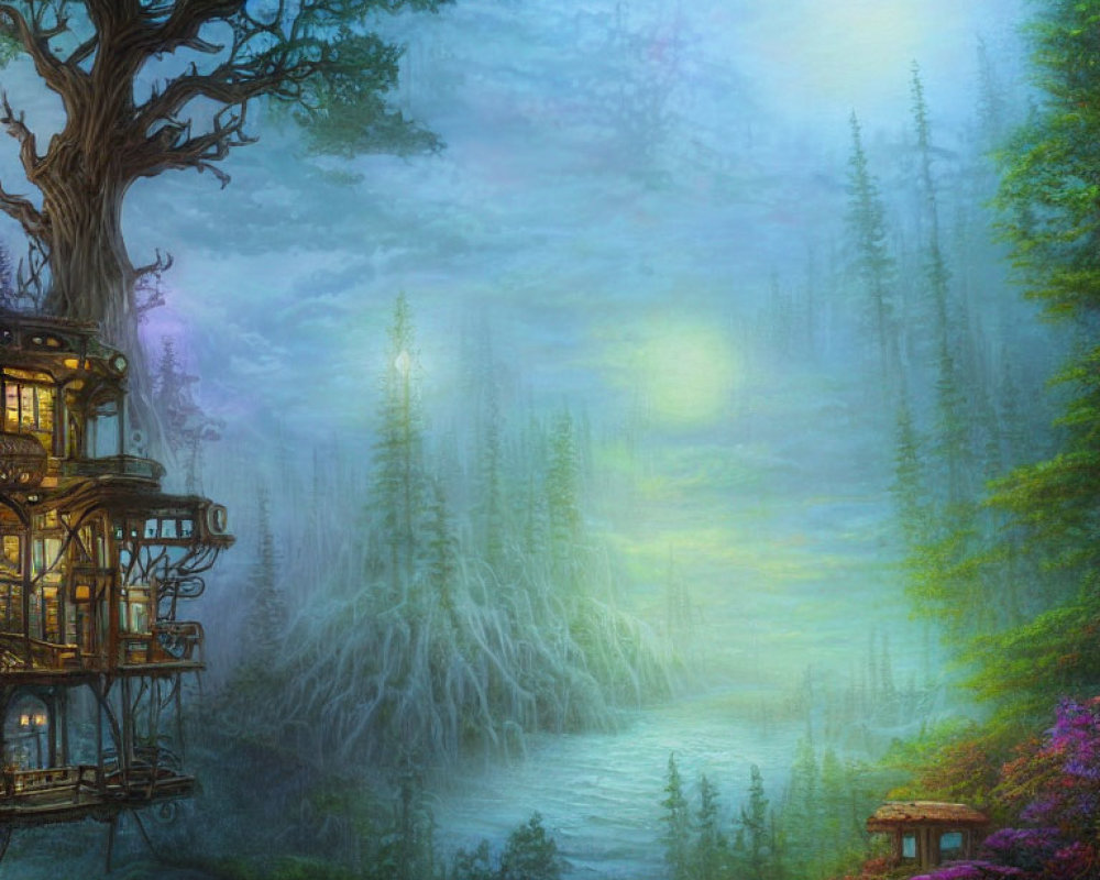 Ethereal forest scene with mist, treehouse, river, and cabin