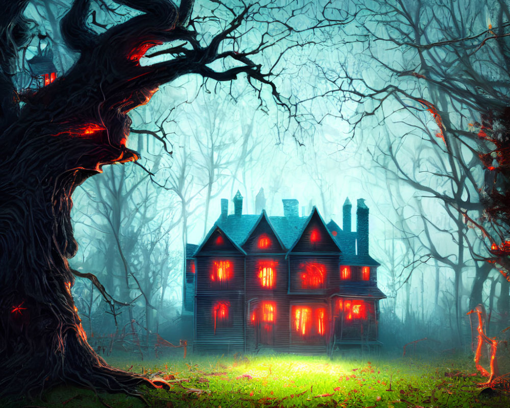 Victorian house in dark forest with red windows and twisted trees