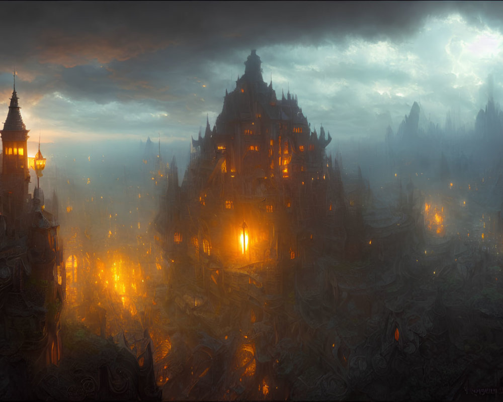 Mystical city at twilight with luminous lights and towering spires