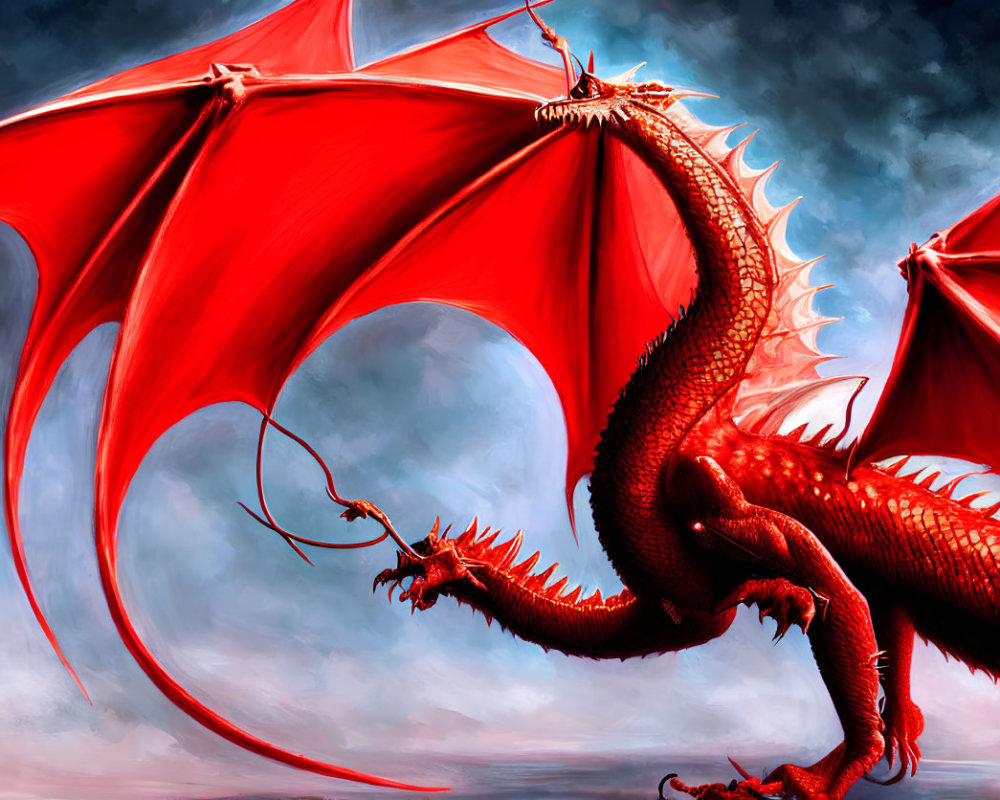 Majestic red dragon with expansive wings and sharp spikes under tumultuous sky