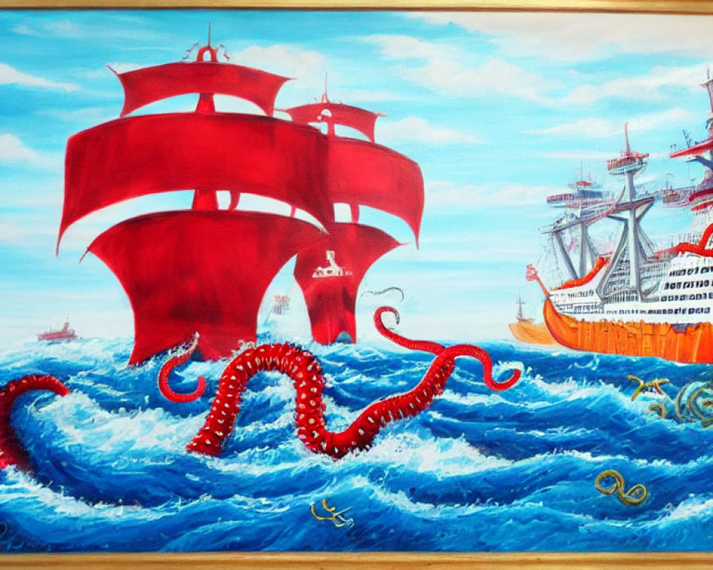 Maritime painting: Red-sailed ship in stormy waves with giant octopus tentacles